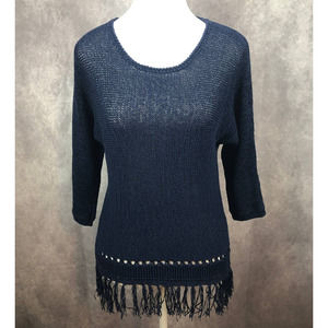 Easywear by Chicos Sweater Womens Small Blue Fringe 3/4 Length Sleeves Boho